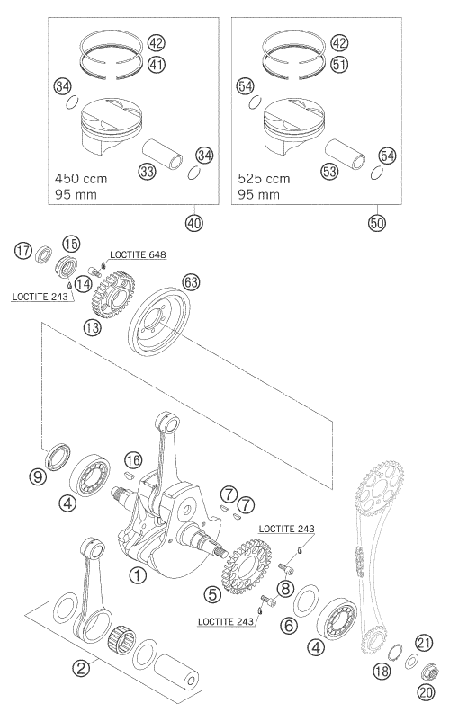 vue éclatée vilebrequin, piston - ktm 450 sx racing eu 2005
