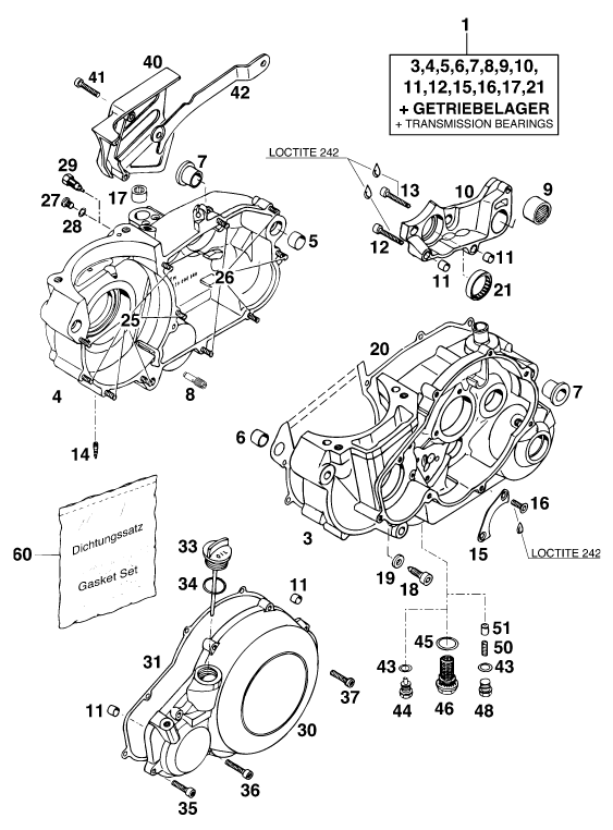 vue éclatée carter moteur - ktm 620 e-xc 20kw/20lt '94 eu 1994