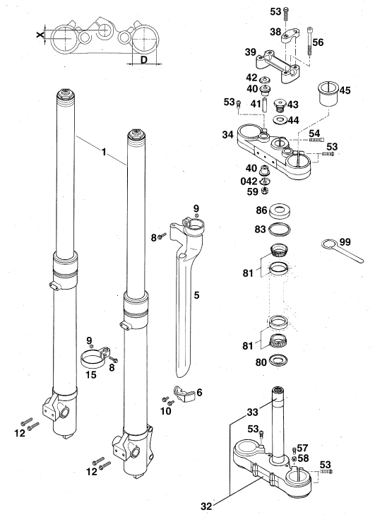 vue éclatée fourche téléscopique, té de fourche - ktm 620 sup-comp wp 20kw eu 1996