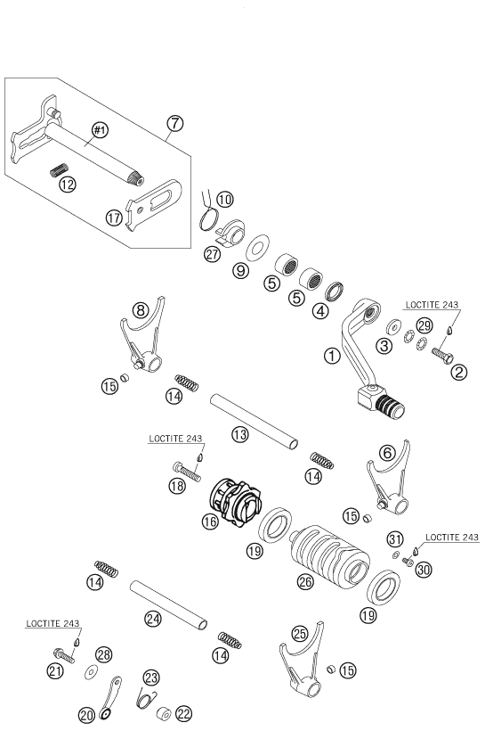 vue éclatée mécanisme de sélection - ktm 525 xc-w za 2007