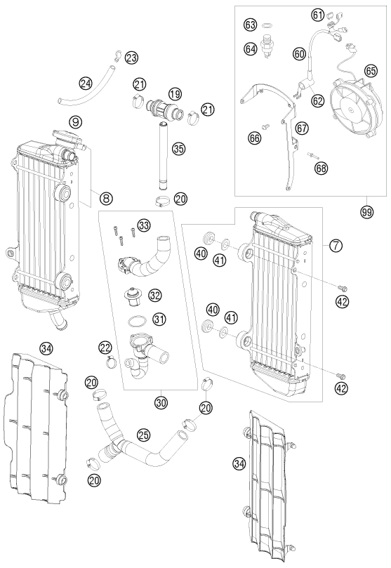 vue éclatée système de refroidissement - ktm 530 xc-w za 2009