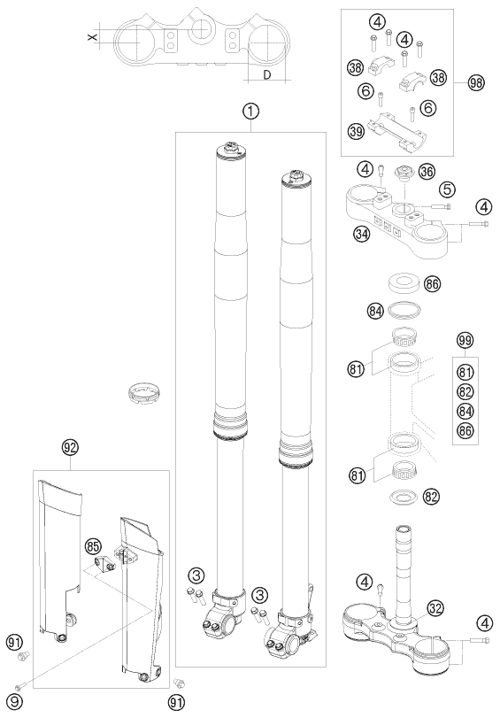 vue éclatée fourche téléscopique, té de fourche - ktm 530 xc-w za 2010