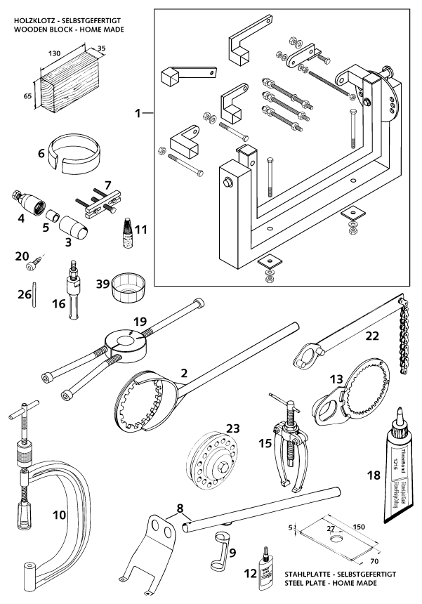 vue éclatée outils spéciaux moteur - ktm 620 sc au 2000