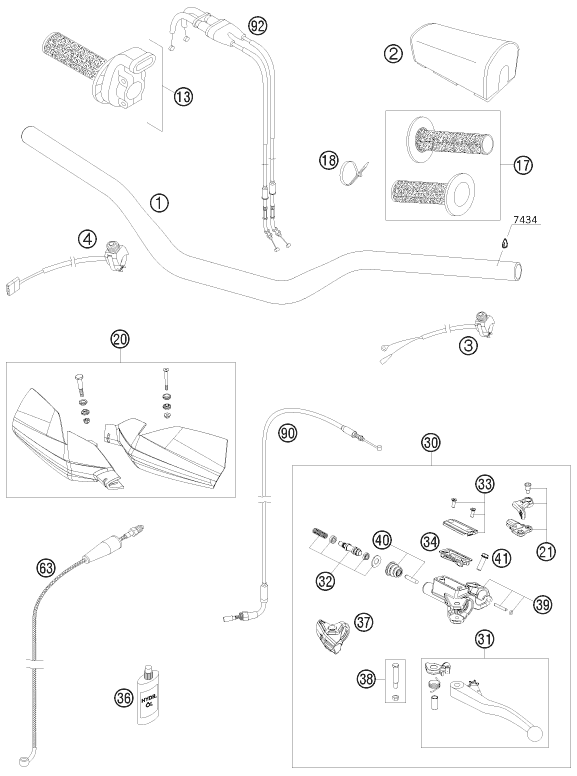 vue éclatée guidon, armatures - ktm 450 sx-f fact.repl.nagl eu 2010