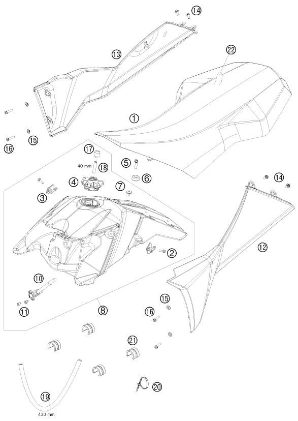 vue éclatée réservoir, selle - ktm 450 xc atv eu 2008