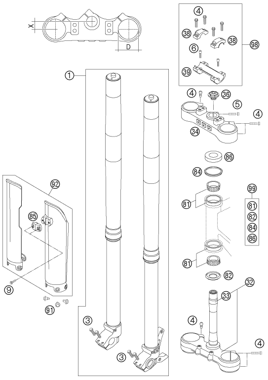 vue éclatée fourche téléscopique, té de fourche - ktm 450 xc-w za 2007