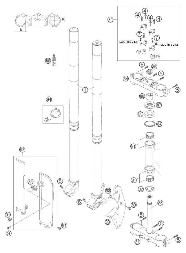 vue éclatée fourche téléscopique, té de fourche - ktm 450 sms eu 2004