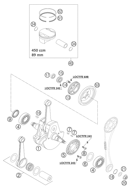 vue éclatée vilebrequin, piston - ktm 450 sms eu 2004