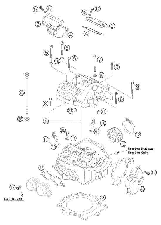 vue éclatée cylindre, culasse - ktm 450 sms eu 2004
