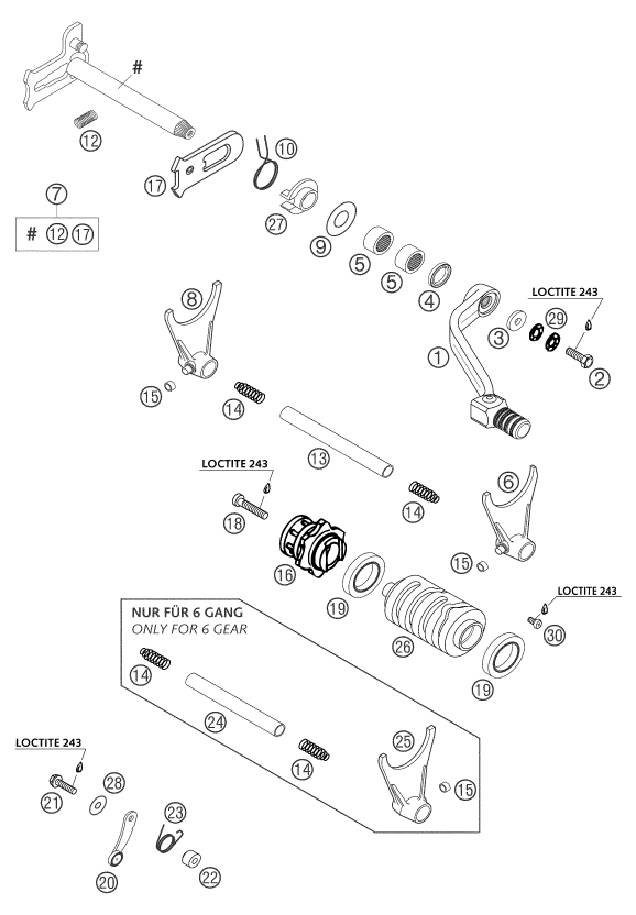 vue éclatée mécanisme de sélection - ktm 540 sxs racing eu 2004