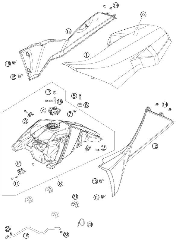 vue éclatée réservoir, selle - ktm 505 sx atv eu 2009
