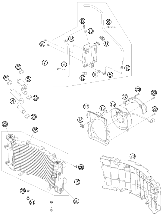 vue éclatée système de refroidissement - ktm 505 sx atv eu 2009