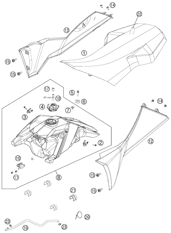 vue éclatée réservoir, selle - ktm 505 sx atv eu 2012