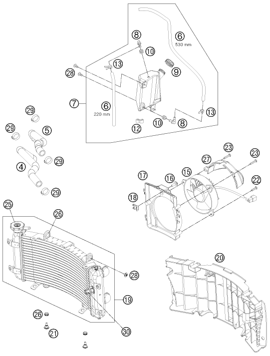 vue éclatée système de refroidissement - ktm 505 sx atv eu 2012
