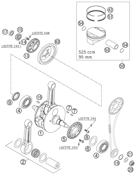 vue éclatée vilebrequin, piston - ktm 525 sx eu 2006