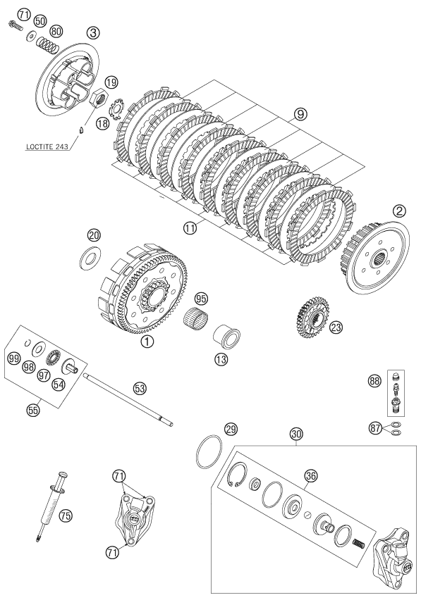 vue éclatée embrayage - ktm 505 sx-f preseries eu 2007
