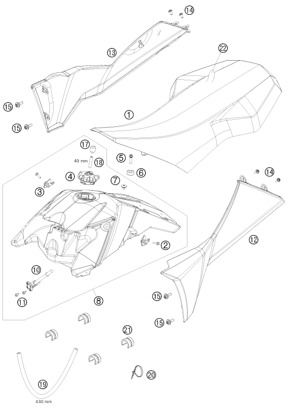 vue éclatée réservoir, selle - ktm 525 xc atv eu 2009
