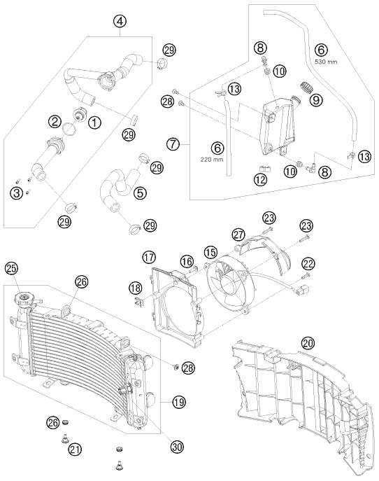 vue éclatée système de refroidissement - ktm 525 xc atv eu 2009