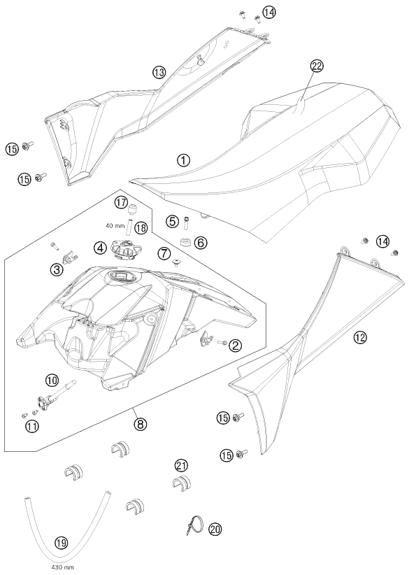 vue éclatée réservoir, selle - ktm 525 xc atv eu 2012