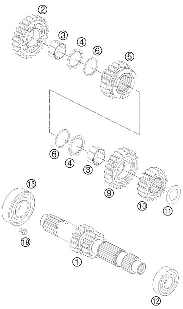 vue éclatée boîte de vitesse i - arbre primaire - ktm 525 xc atv eu 2012
