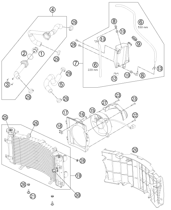 vue éclatée système de refroidissement - ktm 525 xc atv eu 2012