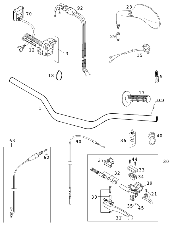 vue éclatée guidon, armatures - ktm 520 exc racing eu 2001