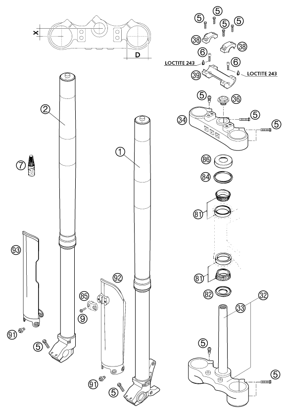 vue éclatée fourche téléscopique, té de fourche - ktm 520 exc racing eu 2002