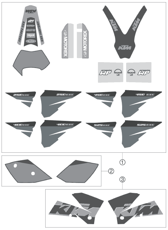 vue éclatée kit déco - ktm 525 exc factory eu 2005