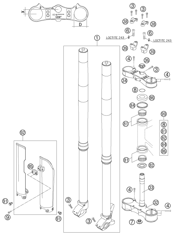 vue éclatée fourche téléscopique, té de fourche - ktm 560 smr eu 2007