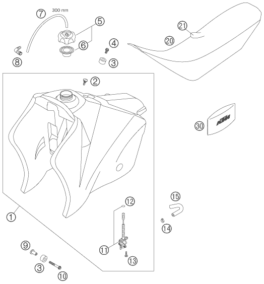 vue éclatée réservoir, selle - ktm 525 xc desert racing eu 2007