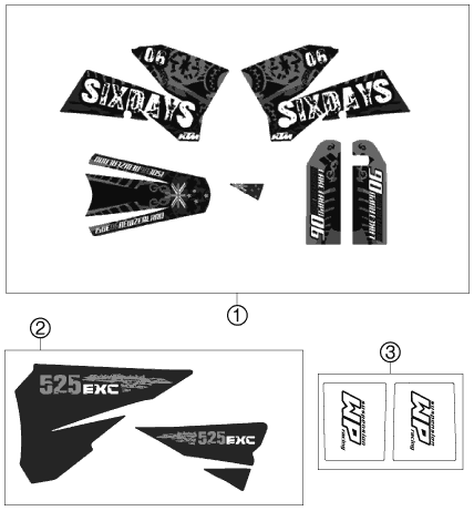 vue éclatée kit déco - ktm 525 exc racing six-days eu 2007