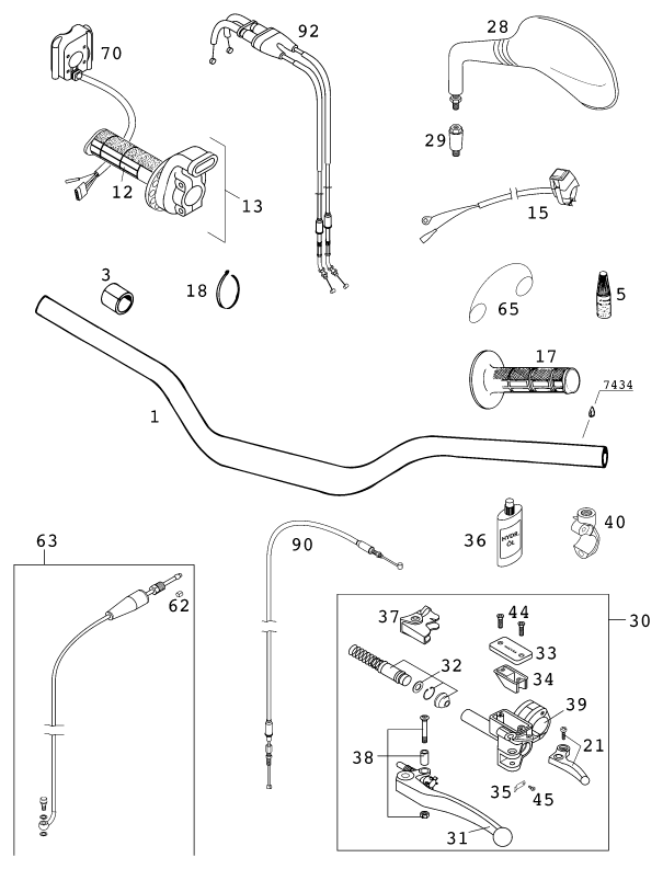 vue éclatée guidon, armatures - ktm 520 exc racing au 2000