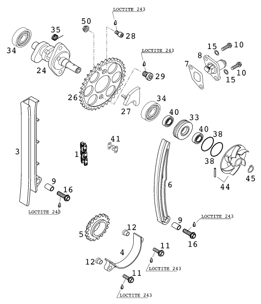 vue éclatée commande de distribution - ktm 520 exc racing au 2001
