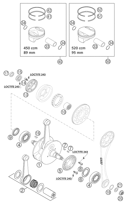 vue éclatée vilebrequin, piston - ktm 525 exc racing au 2004