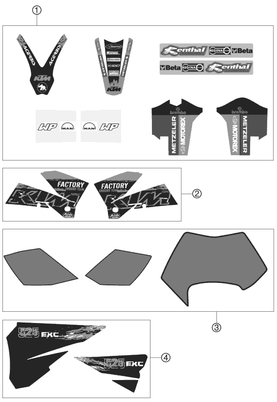 vue éclatée kit déco - ktm 525 exc factory racing au 2007