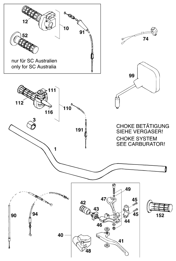 vue éclatée guidon, armatures - ktm 620 sx eu 1998