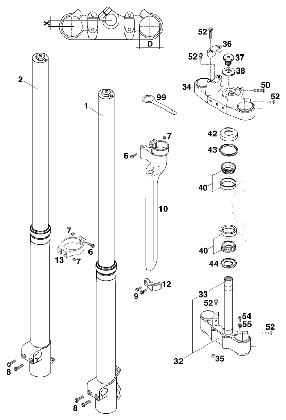 vue éclatée fourche téléscopique, té de fourche - ktm 620 sx '99 eu 1999