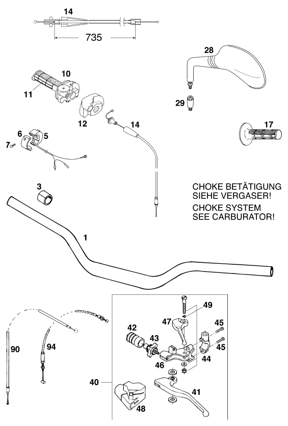 vue éclatée guidon, armatures - ktm 620 sc eu 2000