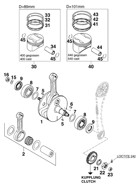vue éclatée vilebrequin, piston - ktm 620 sc eu 2000
