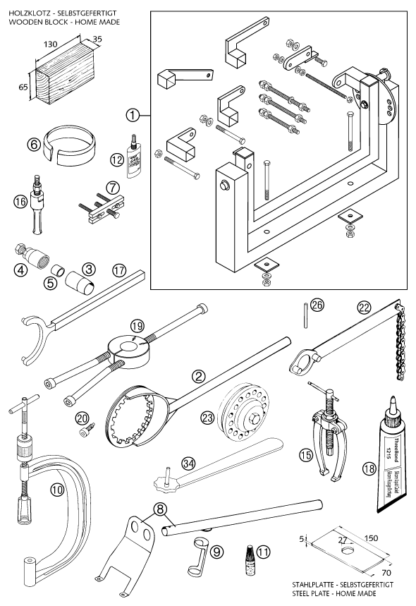 vue éclatée outils spéciaux moteur - ktm 625 sc eu 2002