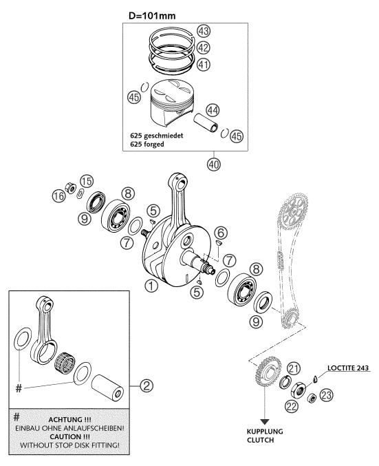vue éclatée vilebrequin, piston - ktm 625 sc eu 2002