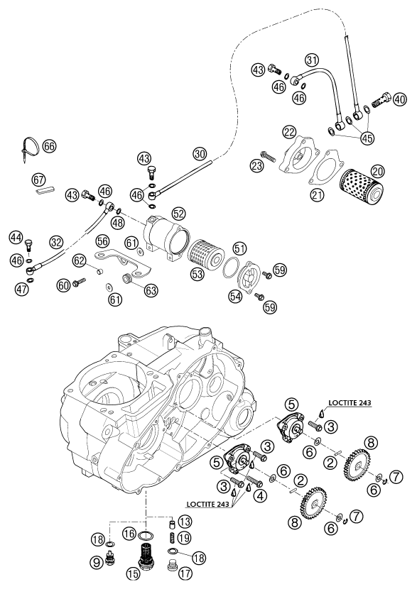 vue éclatée système de lubrification - ktm 625 sc eu 2002