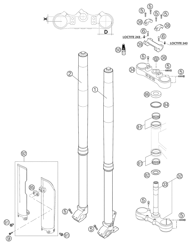 vue éclatée fourche téléscopique, té de fourche - ktm 625 sxc eu 2003