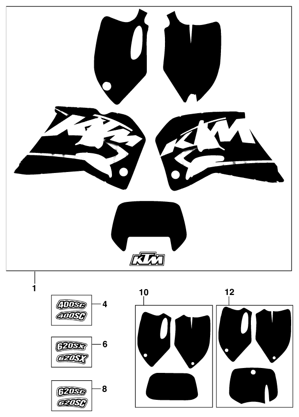 vue éclatée kit déco - ktm 620 sup-comp eu 1998
