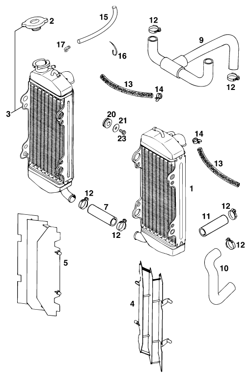 vue éclatée système de refroidissement - ktm 620 sup-comp eu 1998