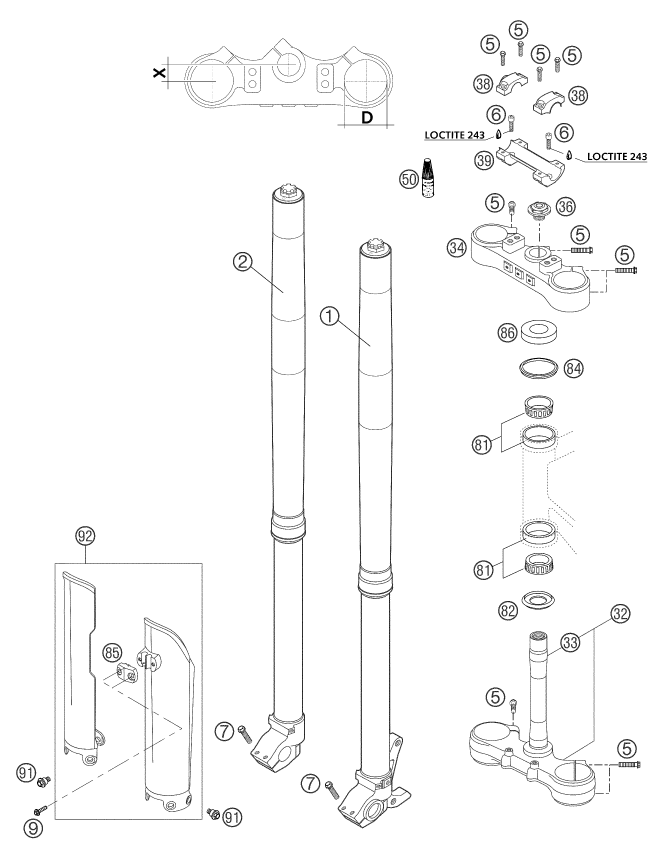vue éclatée fourche téléscopique, té de fourche - ktm 625 sxc eu 2004