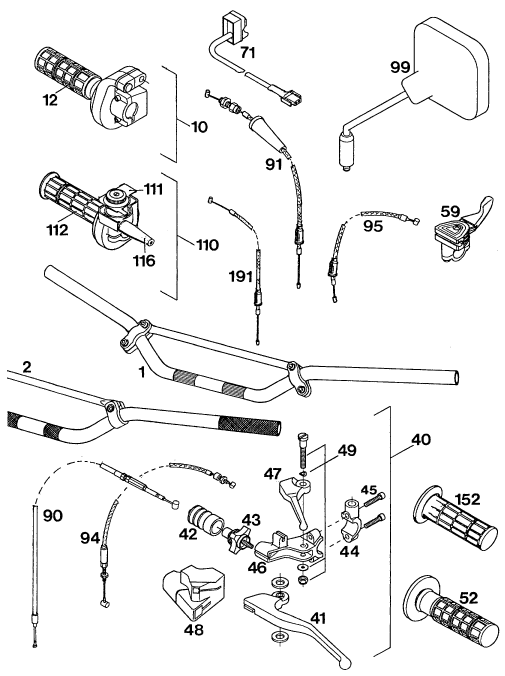 vue éclatée guidon, armatures - ktm 400 duke/ 20kw eu 1994