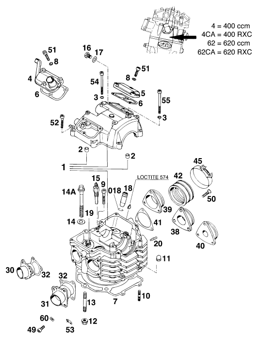 vue éclatée culasse - ktm 400 duke/ 20kw eu 1994