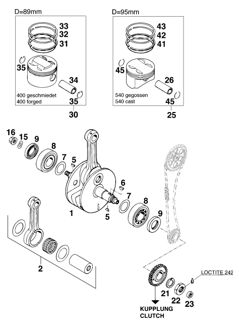 vue éclatée vilebrequin, piston - ktm 400 lc4-e eu 2000