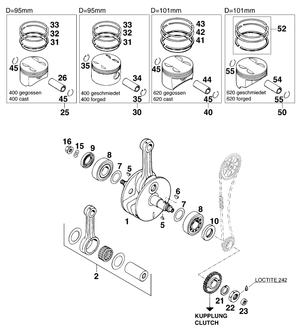 vue éclatée vilebrequin, piston - ktm 400 exc wp eu 1996